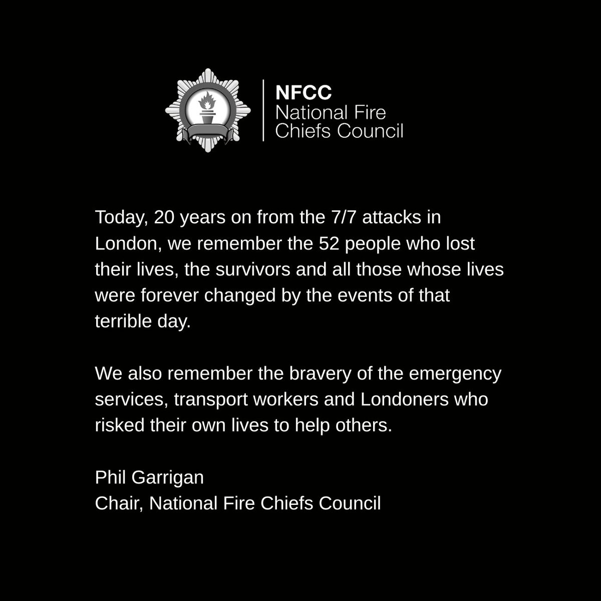 NFCC_FireChiefs's tweet image. NFCC statement on the 20th anniversary of the 7/7 bombings. We remember all those who were affected by the events of that terrible day.