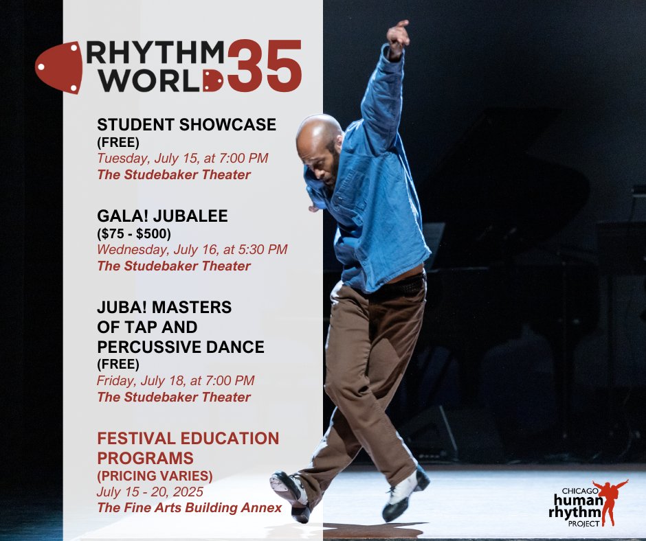 Ensemble Español (@ensembleespanol) on Twitter photo WE RECOMMEND:
Celebrate <a href="/chicagotap3/">Chicago Human Rhythm Project</a>'s 35th Anniversary Rhythm World, Chicago’s international festival of American tap, July 15-20, with concerts, masterclasses, and more!
Register for classes and get your tickets to FREE performances here: chicagotap.org/rhythm-world WE RECOMMEND:
Celebrate <a href="/chicagotap3/">Chicago Human Rhythm Project</a>'s 35th Anniversary Rhythm World, Chicago’s international festival of American tap, July 15-20, with concerts, masterclasses, and more!
Register for classes and get your tickets to FREE performances here: chicagotap.org/rhythm-world