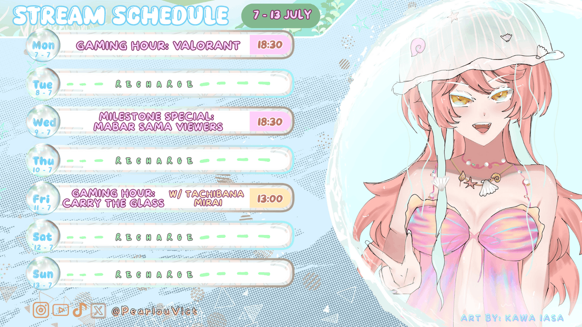 PearlouVict's tweet photo. 🪼 WEEKLY SCHEDULE #6 PEARLOU 7 JULI - 13 JULI🪼

Minggu ini kita main Valo lagi!! lalu ada special milestone 900 subs &amp; collab with ka Tachibana Mirai lesgouuuu  
#pearlive #jadwalou https://t.co/ows5HIeHl0