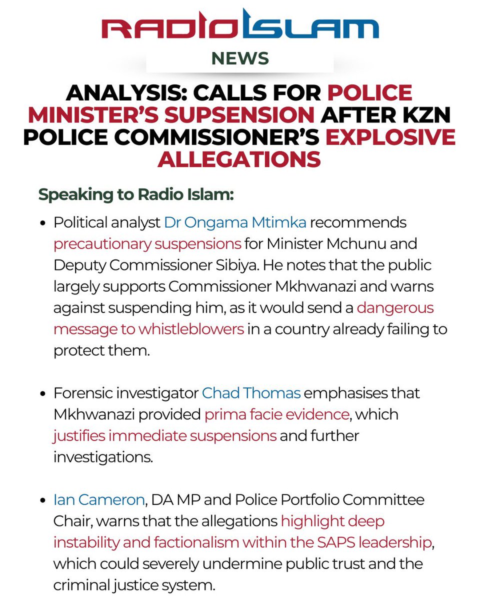 Experts weigh in on Mchunu Debacle on Radio Islam International

🎧 Interview with Ian Cameron: on.soundcloud.com/rroc7t71XZerbM…

🎧 Interview with Chad Thomas and Dr Ongama Mtimka: on.soundcloud.com/5HToprO3KNudrL…

#mchunu #sibiya #mkhwanazi #SAPS #corruptionexposed #news #politics #southafrica