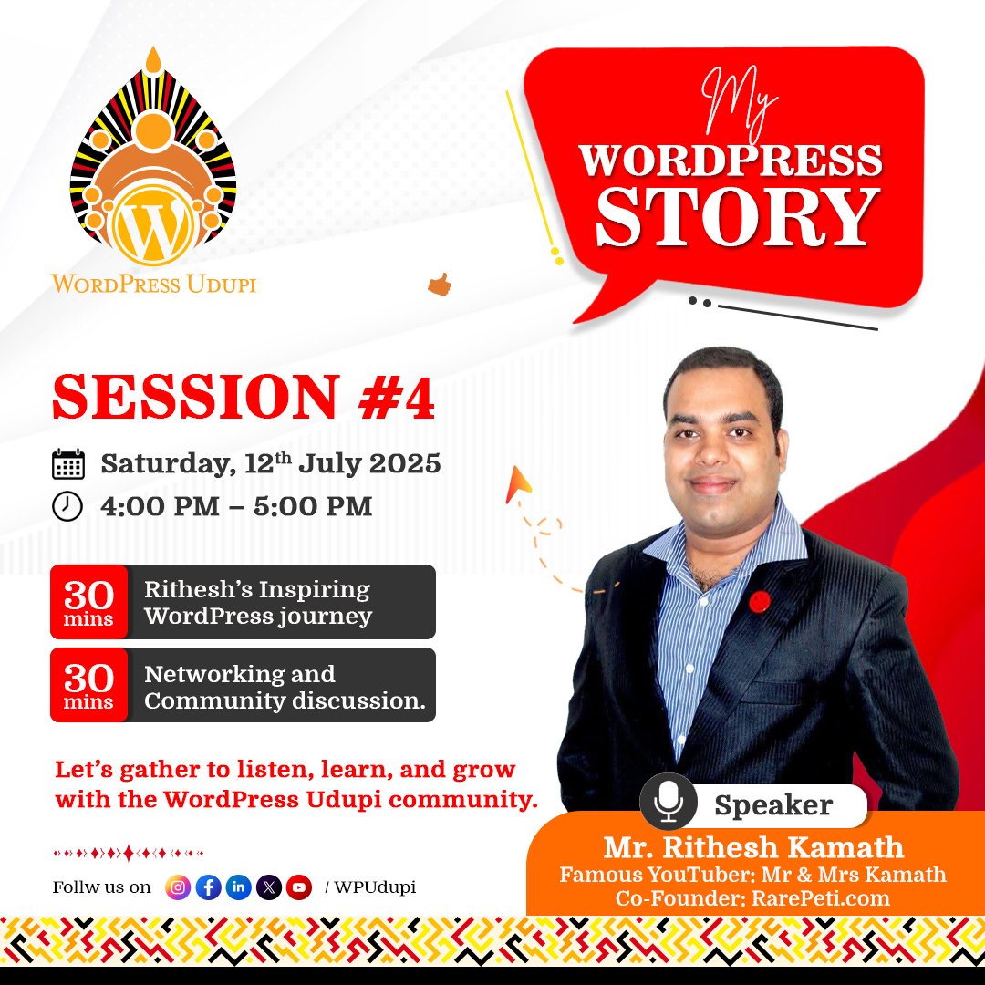 🚀 MY WORDPRESS STORY - SESSION #4 is here!

Join us for an inspiring evening with Mr. <a href="/RitheshKamath/">Rithesh Kamath</a> as he shares his incredible WordPress journey followed by a networking session! 💬✨

RSVP here: 
meetup.com/wpudupi/events…

#MyWordPressStory #WPUdupi #WordPress #Udupi