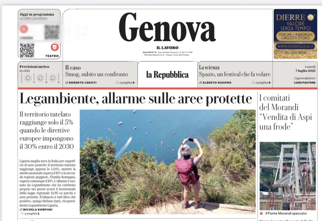Legambiente Liguria (@legambientelig) on Twitter photo 📣 Oggi su <a href="/rep_genova/">Repubblica Genova</a> due pagine di approfondimento sulla situazione di #parchi e aree protette in Liguria.
Da non perdere 💪🌷
#legambienteliguria 📣 Oggi su <a href="/rep_genova/">Repubblica Genova</a> due pagine di approfondimento sulla situazione di #parchi e aree protette in Liguria.
Da non perdere 💪🌷
#legambienteliguria