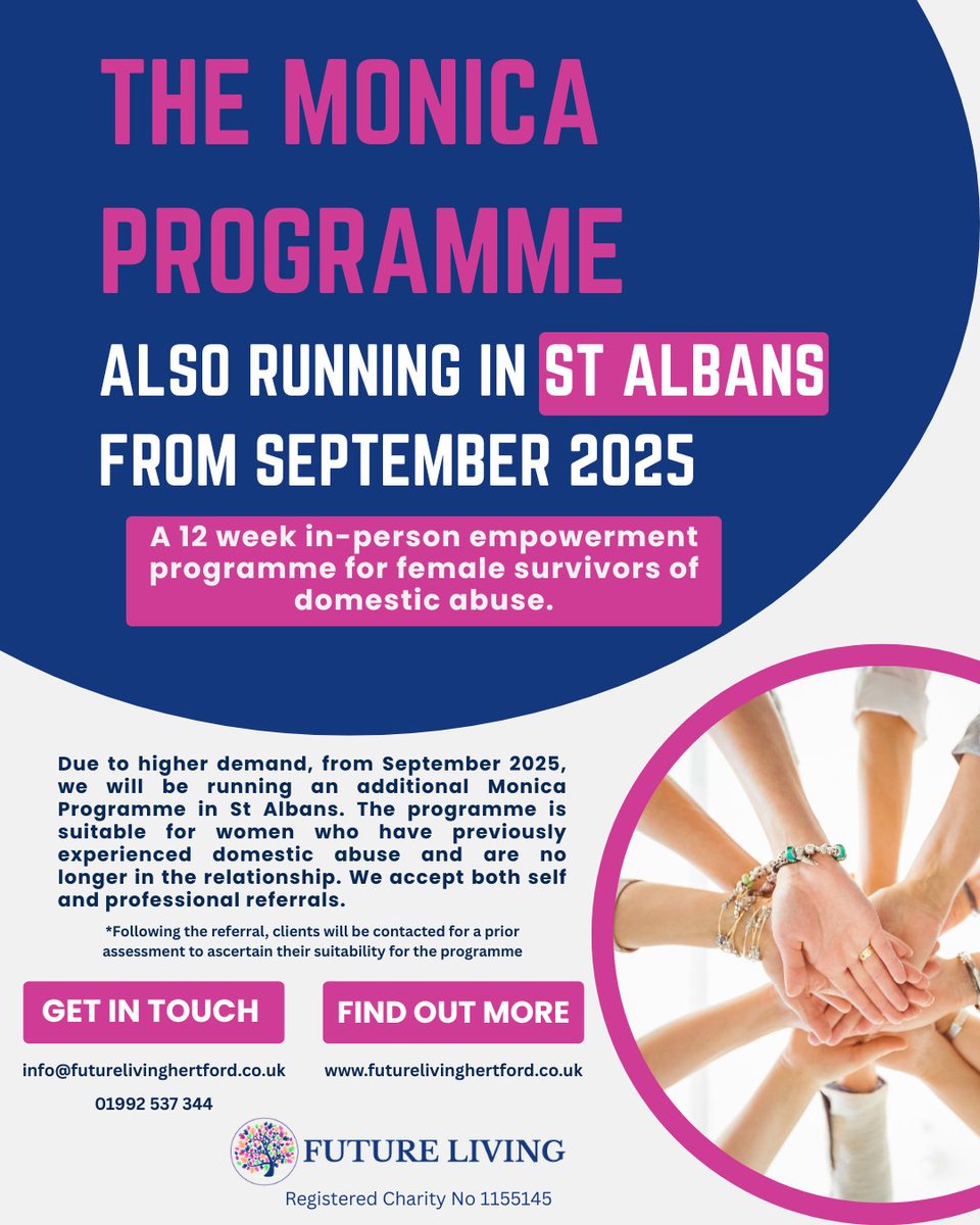 From September, we will be running an additional Monica Programme in St Albans.
The 12 week in-person programme is suitable for female survivors of domestic abuse and is free for those living in Hertfordshire.