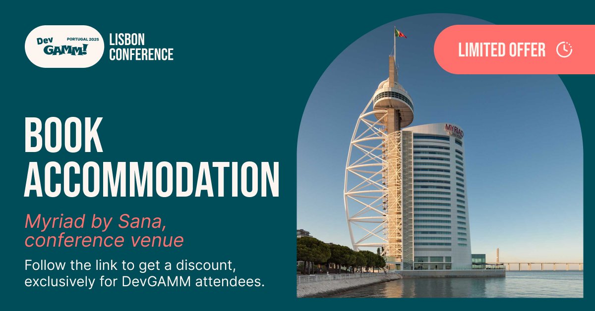 🌇 Book your stay at Myriad by Sana – the new home of DevGAMM Lisbon!

Welcome to a modern icon of luxury hospitality in the vibrant heart of Lisbon, just a 15-min drive from the airport. 

📢 This offer is limited. To access the special rate, book here: bit.ly/booking_Myriad…
