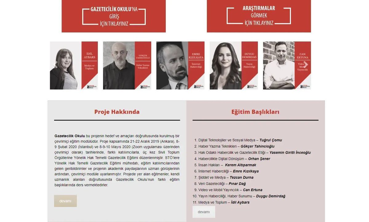 💻 UM:AG gazetecilik okulundan 11 bölümden oluşan eğitim modüllerine hemen başlayabilirsiniz!

▪️ İnternet Haberciliği 
▪️ Şiddet ve Medya 
▪️ Video ve Mobil Yayıncılık 
▪️ Yayın Haberciliği, Haber Sunumu ve fazlası için  

✏️ <a href="/umagduyuru/">Uğur Mumcu AG Vakfı</a> <a href="/GazetecilerP/">Gazeteciler Platformu</a>