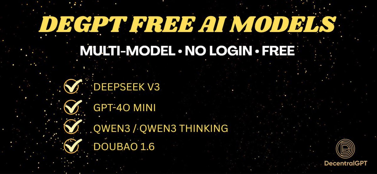 DecentralGPT's tweet image. 5 models. Zero paywalls. No wallet required.
DeGPT gives Web2 & Web3 users free access to DeepSeek V3, GPT-4o mini, Qwen3 & more—powered by decentralized infrastructure.
🌐 Explore the full lineup:
decentralgpt.org/blog/degpt-mod…
#DeGPT #MultimodelAI #Web3AI #GPT4o #Qwen3 #DeepSeek…