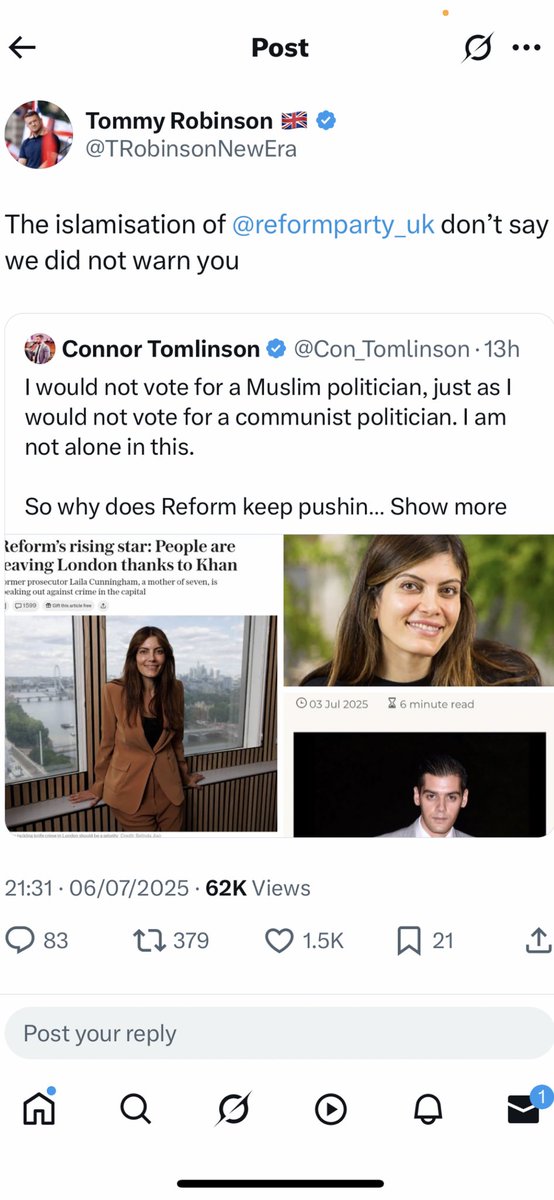 I gave you the benefit of the doubt <a href="/TRobinsonNewEra/">Tommy Robinson 🇬🇧</a> but this post suggests that <a href="/Nigel_Farage/">Nigel Farage MP</a> was wise indeed to distance himself from you.

I’m delighted that <a href="/policylaila/">Councillor Laila Cunningham</a> has joined Reform U.K. She seems very sensible and I don’t care what religion she follows.