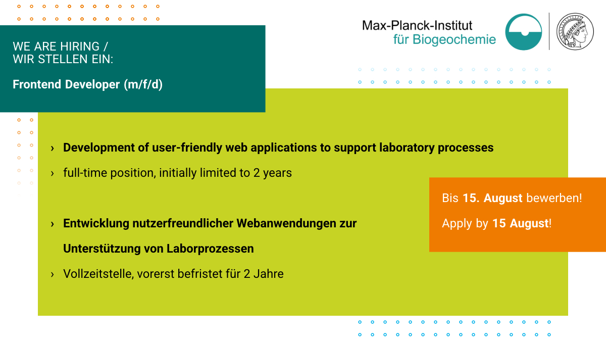 MPI_BGC's tweet image. 🇬🇧 #joboffer for a Frontend Developer (m/f/d)
📅Apply by 15 August: bgc-jena.mpg.de/en/career/15-2…
🇩🇪 #Stellenangebot für eine*n Frontend Developer*in (m/f/d)
Bewerbung bis 15. Aug.: bgc-jena.mpg.de/karriere/15-20…