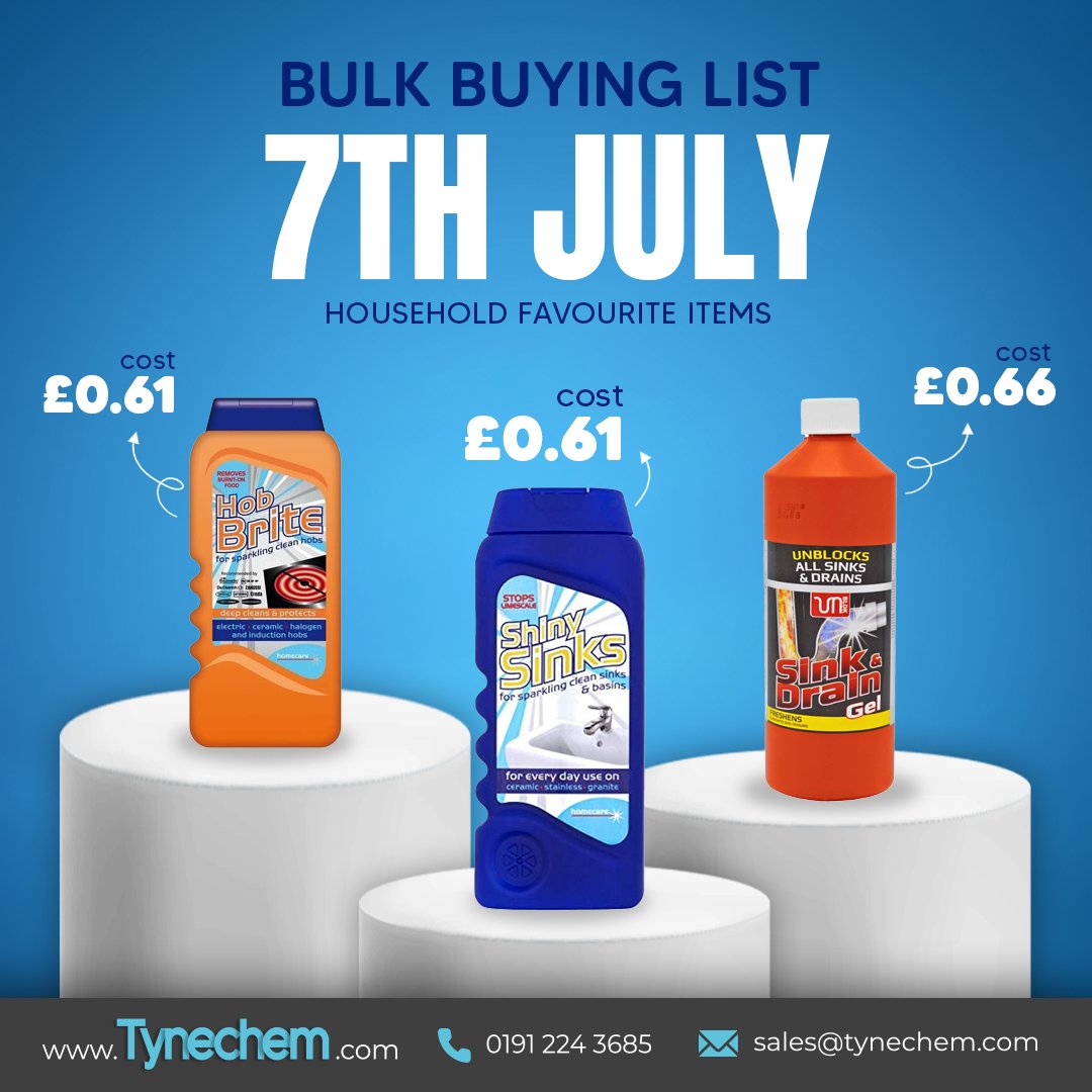 🛒 Tynechem’s 7th July Bulk Buy List is out 
now!Check out our Homecare range below – stock up on everyday essentials for your pharmacy or shop.
📥 Download the full list:
👉 tynechem.com/wp-content/upl…

  #Tynechem #BulkBuy #Homecare #PharmacySupplies #HouseholdEssentialsAsk
