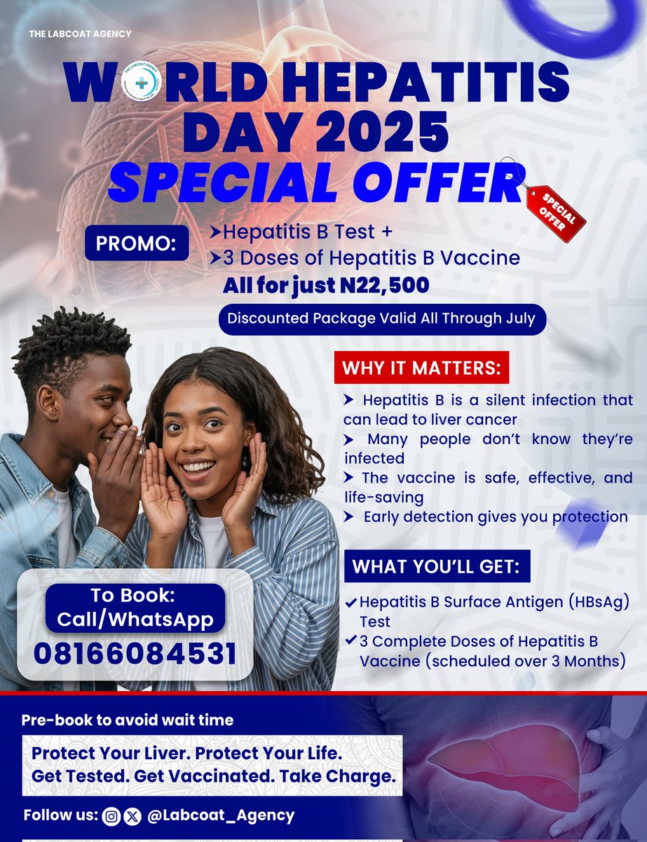 Did you know that Hepatitis is 100x more infectious than HIV &amp; often shows no symptoms until liver damage sets in.
This July, get tested &amp; vaccinated @ an amazing discount! Protect your liver. Protect your life. Promo runs all month #WorldHepatitisDay2025 <a href="/Uncle2Triplets/">Kome</a> <a href="/kaytiki/">14Kay♠</a>