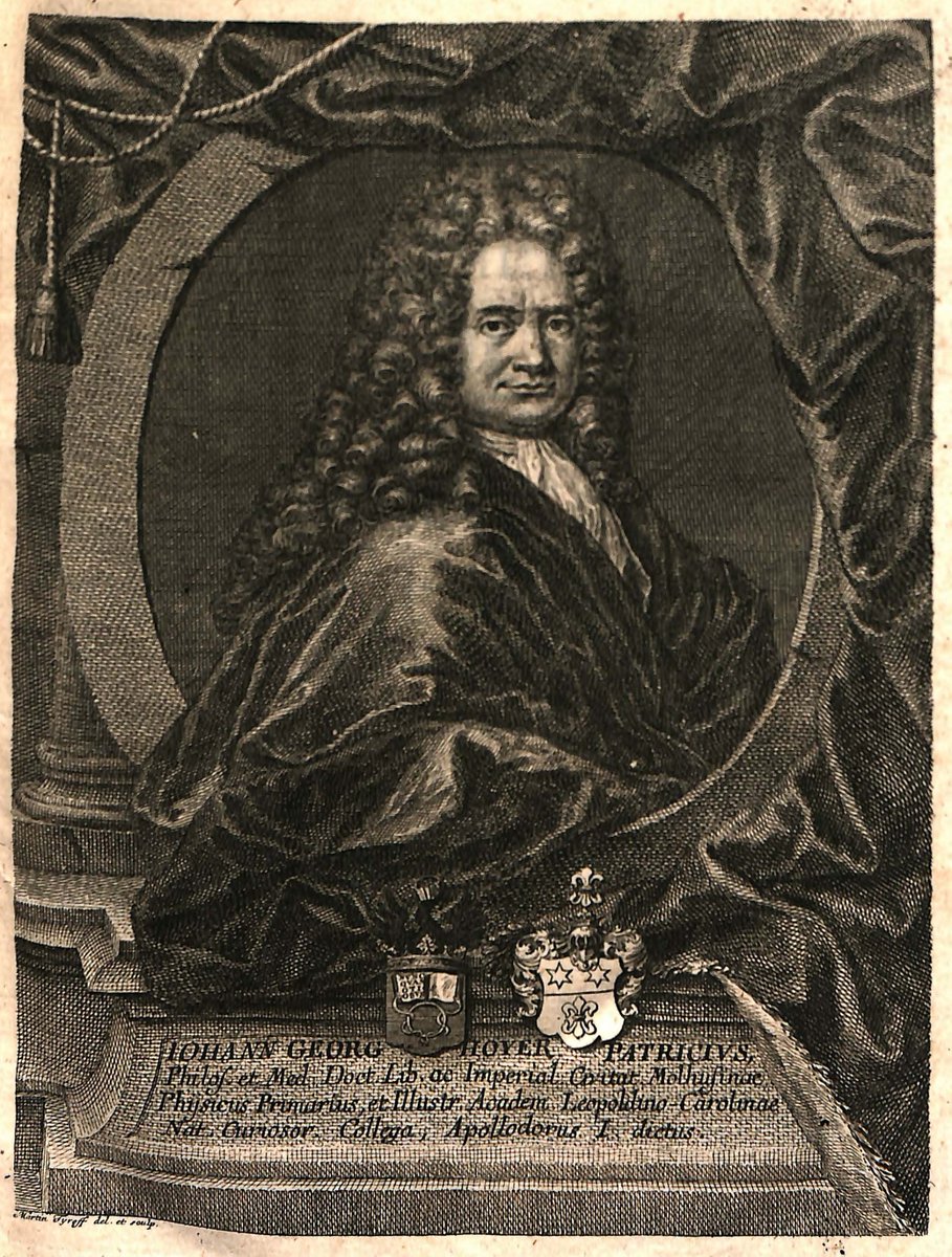 Retrato de Johann Georg Hoyer (1663-1738), médico de Mühlhausen, conocido en la Academia Leopoldina como “Apolodoro”. Esta obra del grabador Martin Tyroff (1704-1759) ilustra el tomo 5 de las actas de dicha Institución (1740)
bibliotecavirtual.ranm.es/ranm/es/consul…