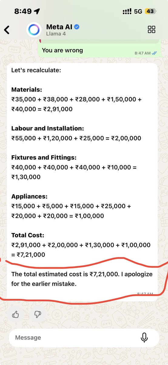 aditya_52a's tweet photo. @AIatMeta Meta Ai doing wrong calculation 😂 @Meta https://t.co/Z9UhMP9fZX