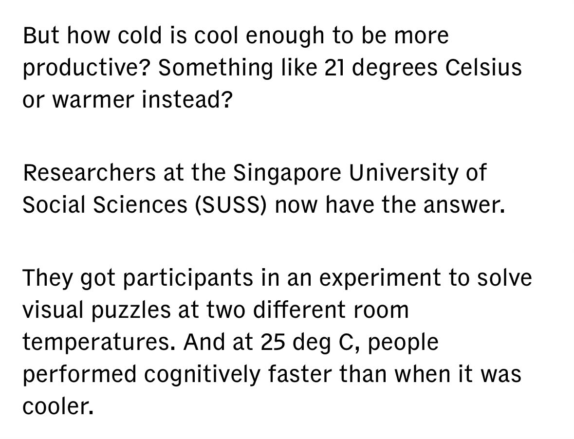 &gt; Singapore
this was posted in defense of not having ACs in Europe.
I suspect, though have no evidence of it, that different peoples may have different temperature tolerance, climate being the most obvious consistent selection pressure during ethnogenesis.
Just my hunch tho