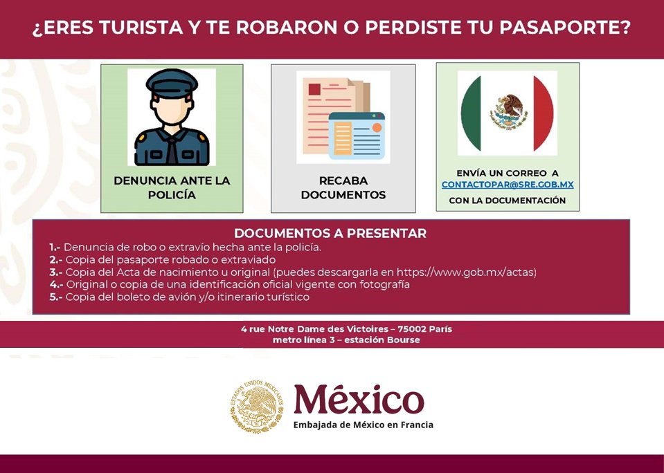 Si viajas a Francia 🇫🇷 y pierdes tu pasaporte:

1️⃣ Levanta una declaración en la policía;
2️⃣ Envía los documentos necesarios a contactopar@sre.gob.mx;
3️⃣ Preséntate en la Sección Consular para tramitar un pasaporte de emergencia.

Mayor información en: consulmex.sre.gob.mx/francia/index.…