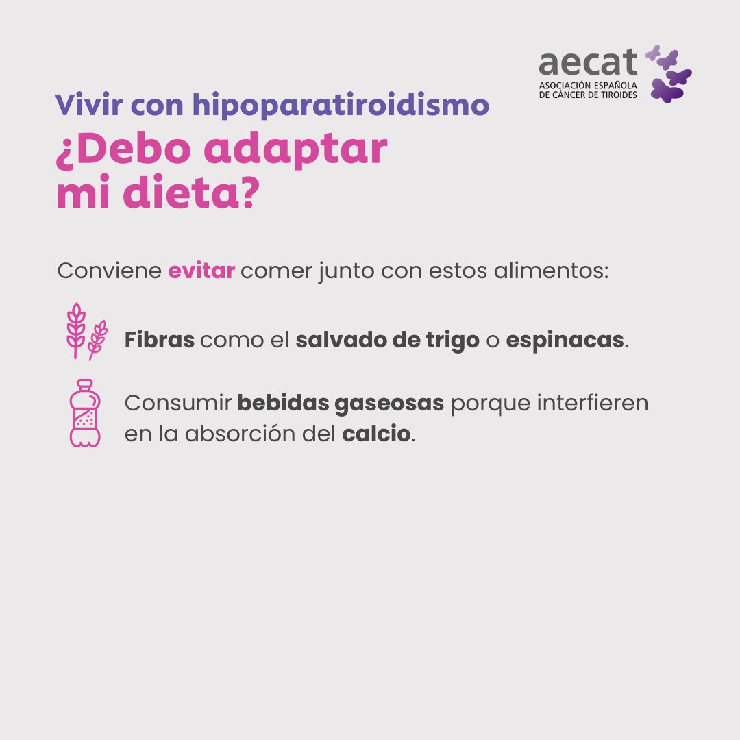 aecat_es's tweet photo. ¿Debo adaptar mi dieta si tengo hipoparatiroidismo?
✅ Se recomienda aumentar el consumo de calcio y vitamina D en la dieta.
❌ Conviene evitar comer junto con estos alimentos fibras como el salvado de trigo o espinacas y consumir bebidas gaseosas.
#Aecat #Hipoparatiroidismo https://t.co/jyVK5xp7b6