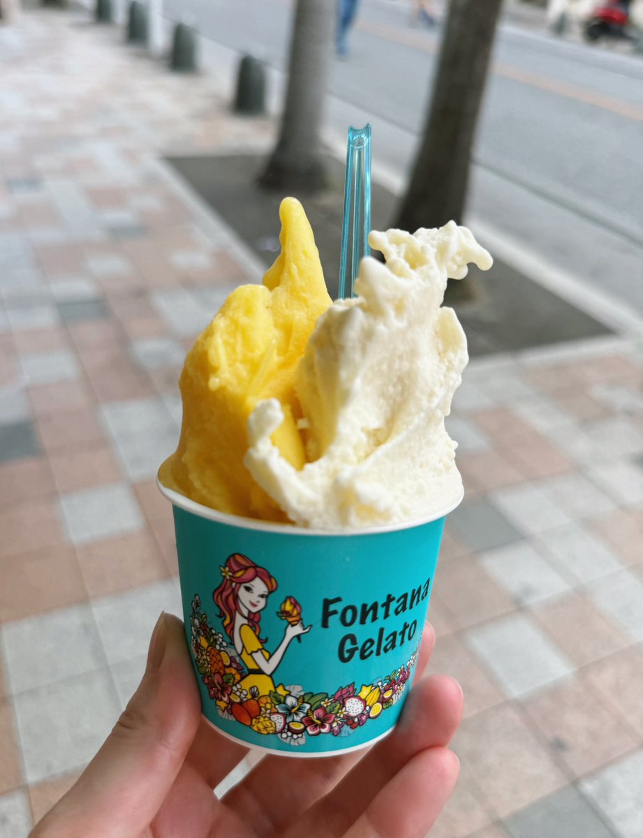 airi_mgr's tweet photo. アイスのイラスト描いていただいたので、旅行中のアイスを。
サトウキビ味と、マンゴーと島豆腐です🍨
旅先がどこだか分かりましたか？☺️ https://t.co/jW2IY7g57n