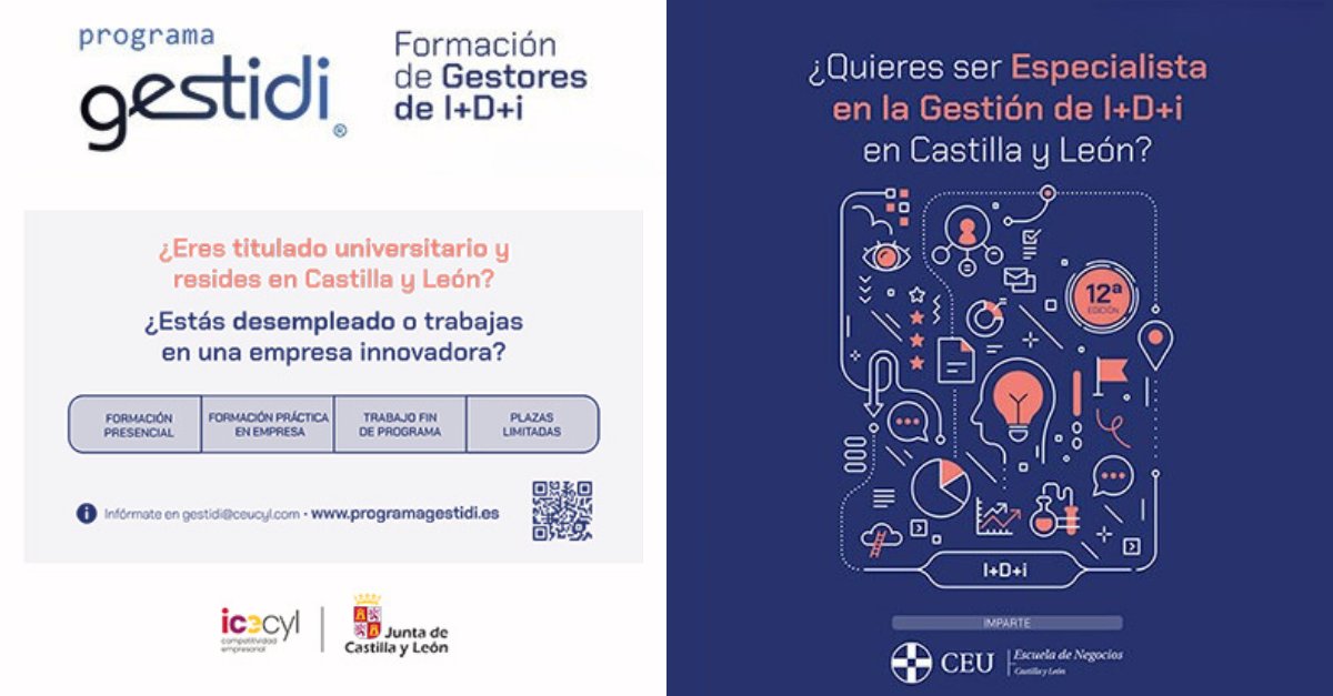 Vitartis's tweet image. 🎓#ICECYL y @CEUCYL lanzan la nueva edición de #GESTIDI, un programa formativo gratuito que apuesta por la gestión de la #IDi como motor de desarrollo regional.
📅 Inscríbete antes del 15 de julio.
tramitacastillayleon.jcyl.es/web/jcyl/Admin…