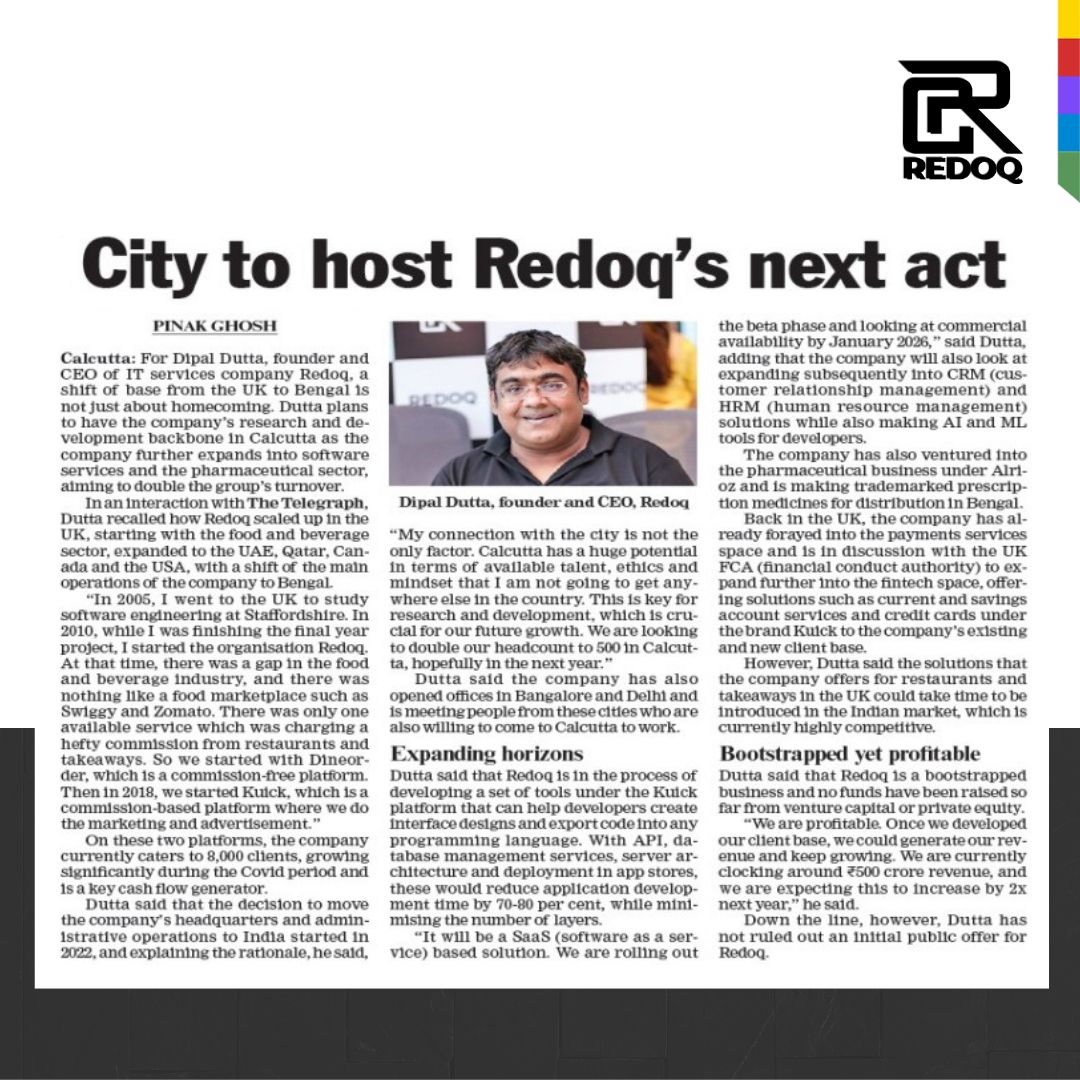 redoqofficial's tweet image. Excited to share that #RedoQ, led by our CEO Dipal Dutta, has been featured in The Telegraph!
A proud moment as we bring our global vision home to #Kolkata.
📰 Read more: tinyurl.com/ypammnu5
#DipalDutta #MediaFeature #StartupNews #TechNews #LetsRedoQ
