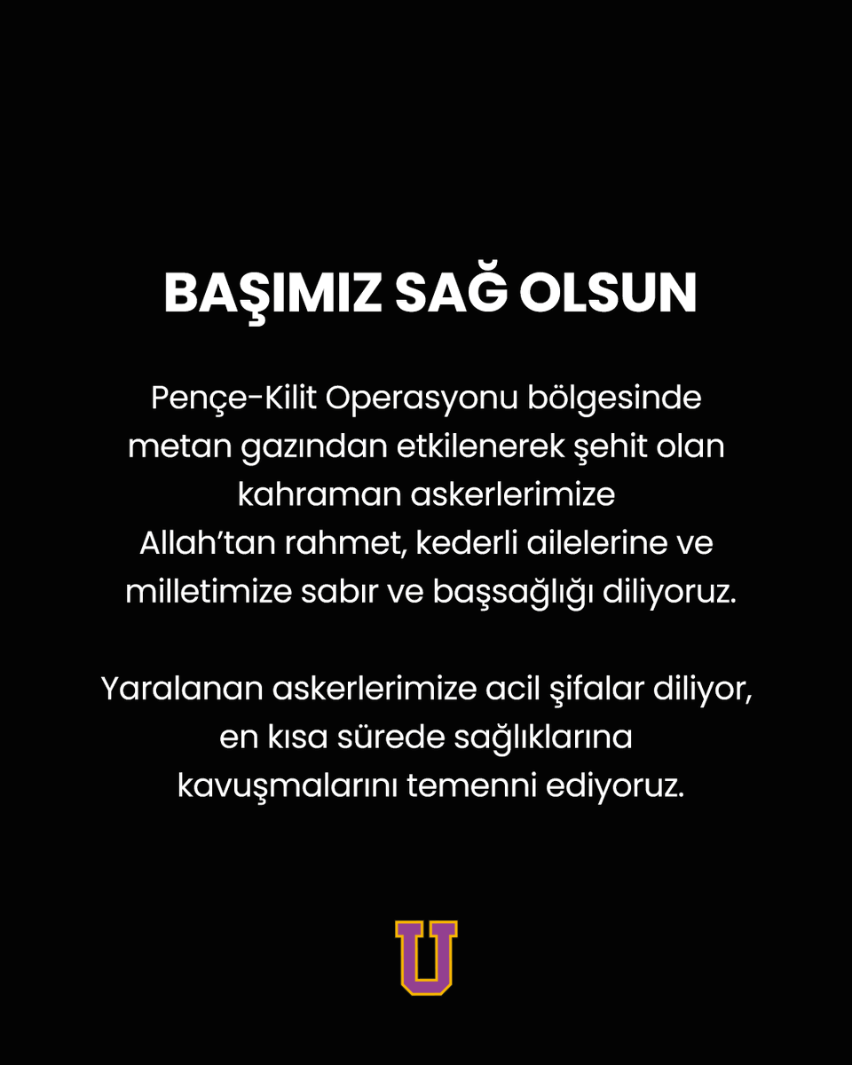 UgurOkullari's tweet photo. BAŞIMIZ SAĞ OLSUN

Pençe-Kilit Operasyonu bölgesinde metan gazından etkilenerek şehit olan kahraman askerlerimize Allah’tan rahmet, kederli ailelerine ve milletimize sabır ve başsağlığı diliyoruz.

Yaralanan askerlerimize acil şifalar diliyor, en kısa sürede sağlıklarına kavuşmalarını temenni ediyoruz.