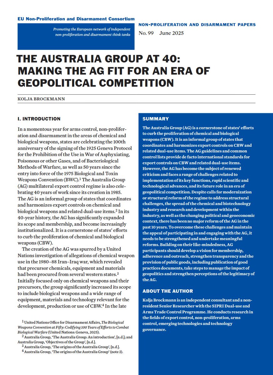 📖 What future for the Australia Group?

Despite being a key element of the chemical and biological non-proliferation architecture, the group is currently facing numerous challenges.

In the latest #EUNPDC paper, @KoljaBrockmannn <a href="/SIPRIorg/">SIPRI</a> outlines ways forward ⤵️