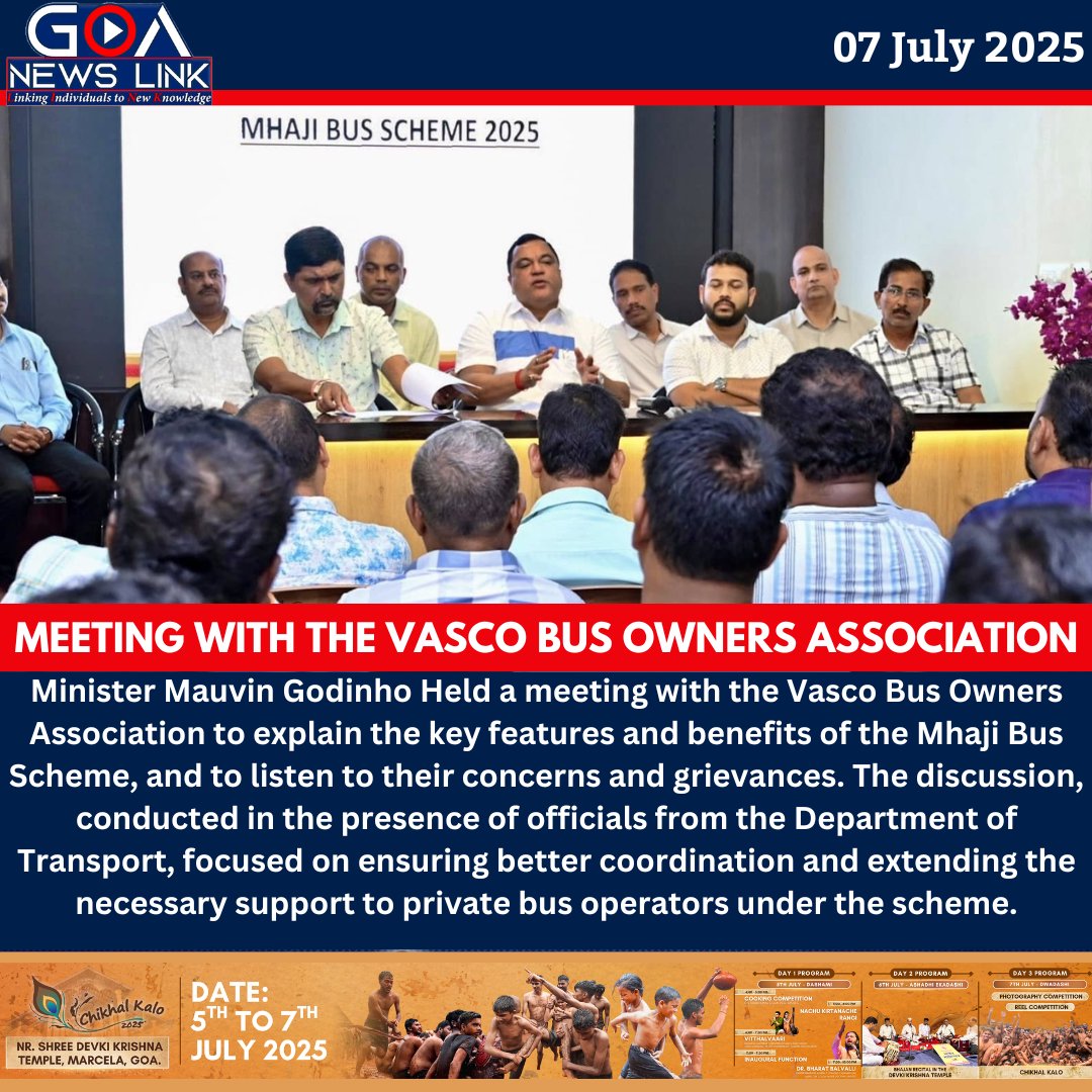 goanewslink's tweet image. Minister @mauvingodinho Held a meeting with the Vasco Bus Owners Association to explain the key features and benefits of the Mhaji Bus Scheme, and to listen to their concerns and grievances.

#busoperator #vascodagama #goa #goanewslink
