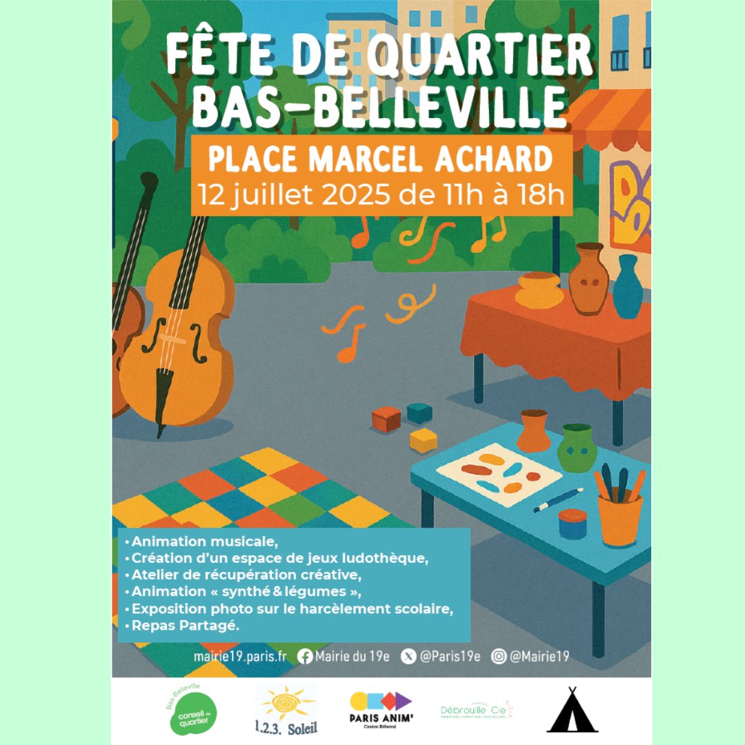 monquartier19's tweet image. Le Conseil de quartier Bas-Belleville organise sa fête de quartier ce samedi 12 juillet 🥳
Rendez-vous dès 11h à la place Marcel Achard pour un repas partagé collaboratif, suivi d'animations proposées par les associations locales !
Nous vous attendons nombreuses et nombreux !