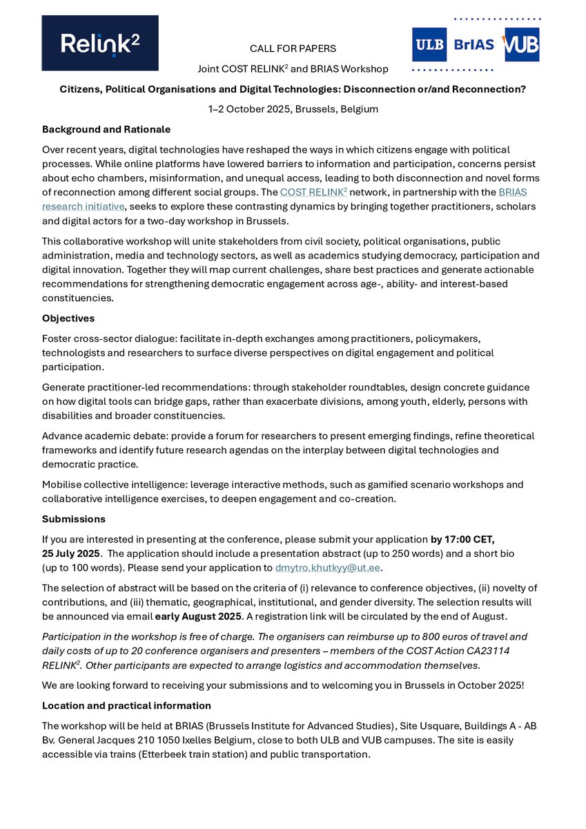 [Call for paper]
Joint COST RELINK2 and BRIAS Workshop
Citizens, Political Organisations and Digital Technologies: Disconnection or/and Reconnection?
1–2 October 2025, Brussels, Belgium