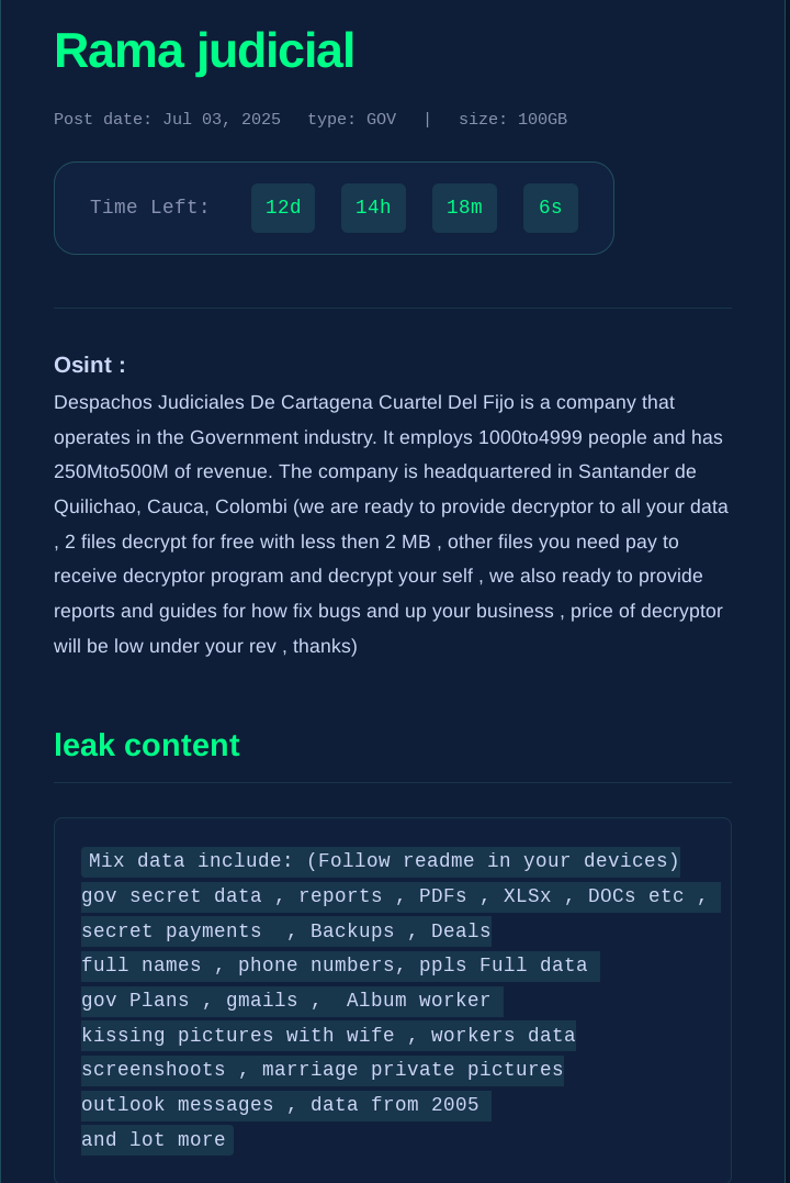 phanthom_0's tweet photo. @colCERT @CaiVirtual  @hyperconectado  Incidente con el actor Nova, por lo visto afecto a la Rama Justicia (podria ser un despacho nada mas), supuestamente 100GB de datos, podria haber compromiso del oneDrive. https://t.co/3RFXeIvEDq
