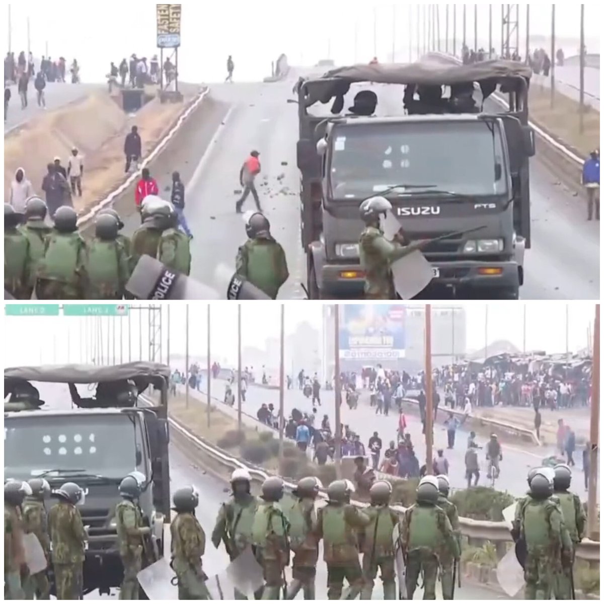 kenyasgossips's tweet photo. Protestors clash with police officers along Thika Road in an attempt to cross the roadblocks and storm Nairobi CBD https://t.co/IdJZzLXERt
