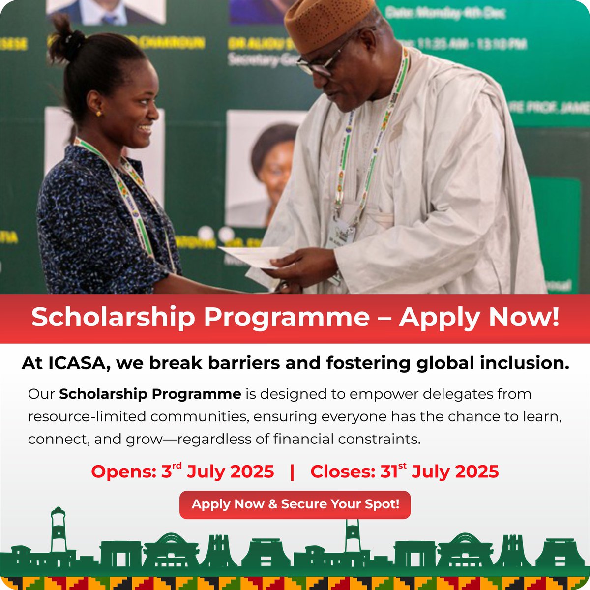 ICASA 2025 (@icasa2025) on Twitter photo ๐๐๐ก๐จ๐ฅ๐๐ซ๐ฌ๐ก๐ข๐ฉ ๐๐ฉ๐ฉ๐ฅ๐ข๐๐๐ญ๐ข๐จ๐ง๐ฌ ๐๐จ๐ซ ๐๐๐๐๐ 2025 ๐๐ซ๐ ๐๐จ๐ฐ ๐๐ฉ๐๐ง
We are pleased to announce that applications for the ICASA 2025 scholarship program are now being accepted.
Eligible individuals are encouraged to apply for an opportunity to attend ๐๐๐ก๐จ๐ฅ๐๐ซ๐ฌ๐ก๐ข๐ฉ ๐๐ฉ๐ฉ๐ฅ๐ข๐๐๐ญ๐ข๐จ๐ง๐ฌ ๐๐จ๐ซ ๐๐๐๐๐ 2025 ๐๐ซ๐ ๐๐จ๐ฐ ๐๐ฉ๐๐ง
We are pleased to announce that applications for the ICASA 2025 scholarship program are now being accepted.
Eligible individuals are encouraged to apply for an opportunity to attend