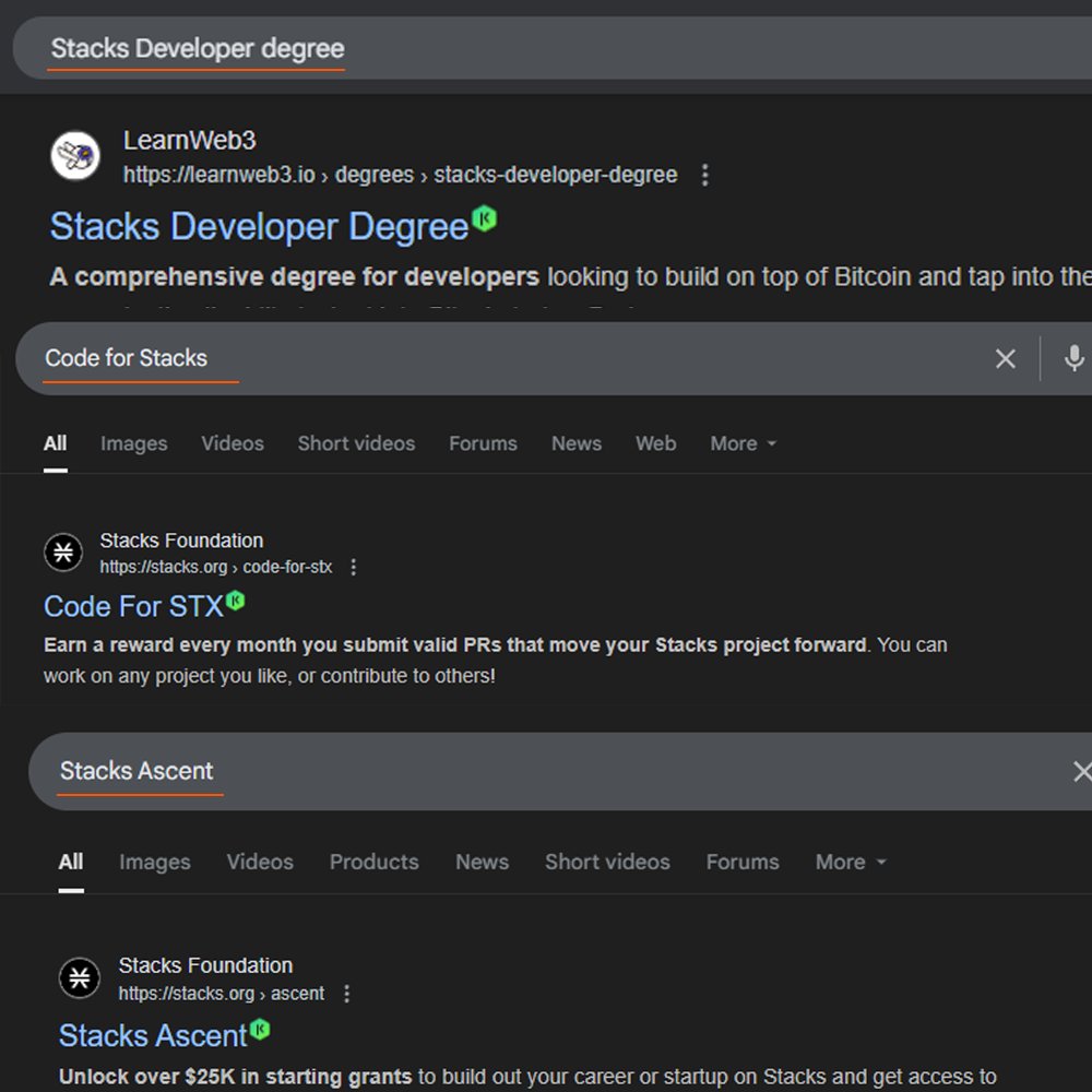 One of the most important Stacks (STX) messages to share is that we support devs at all phases.

Step 1. Learn Stacks SC code.
Step 2. Earn STX by progressing on your project.
Step 3. Receive grants for building out your project.