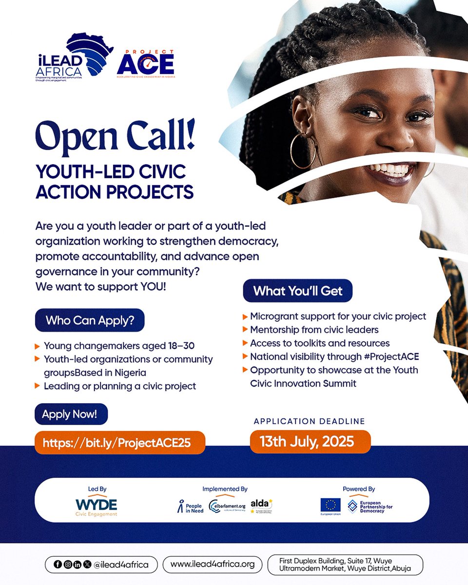 ilead4africa's tweet image. 🚨 Deadline is almost here!
Are you a youth leader or part of a youth-led org driving civic change?
Apply for #ProjectACE microgrants &amp;amp; mentorship NOW!
📅 Don’t miss out → bit.ly/ProjectACE25

#iLeadAfrica #OpenGovernance #YouthVoices #WYDECivic #WYDEYouth #CivicTech