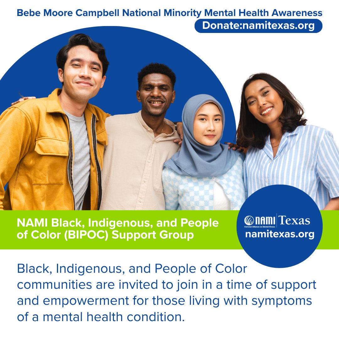 NAMITexas's tweet image. 💚#NAMIGreaterSanAntonio's #BIPOC #SupportGroup is a time of #support and #empowerment for BIPOC communities living with symptoms of a #MentalHealth condition. ✅Registration: ow.ly/C3AP50WjjGc
🫶Donate: ow.ly/vbB850WjjGe 
namitexas.org
#MinorityMentalHealth
