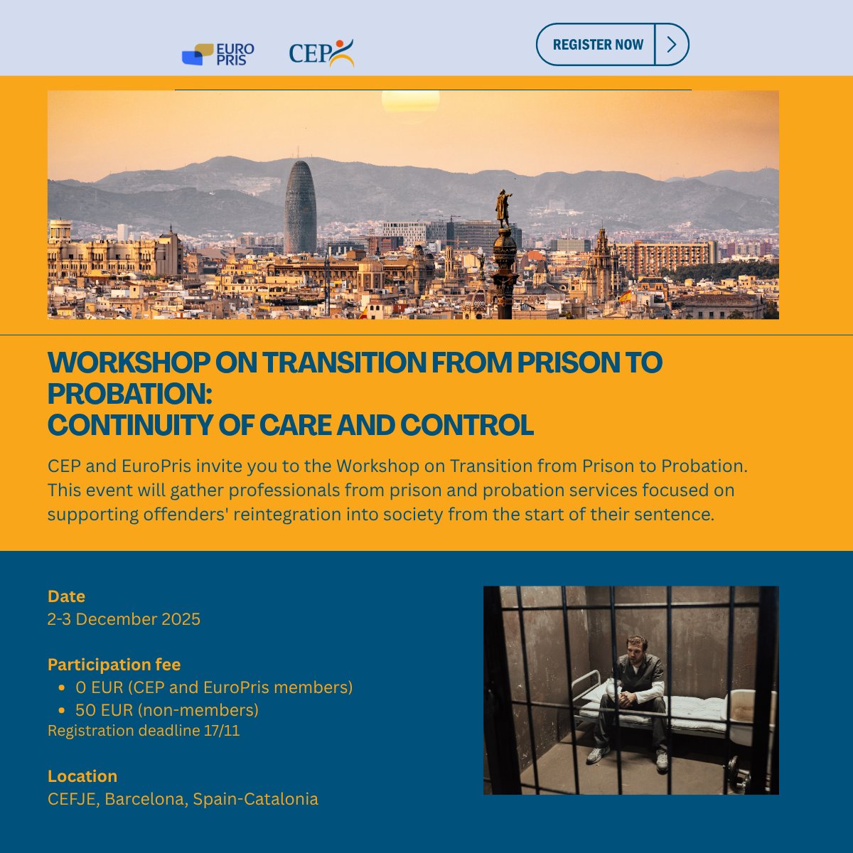 CEPprobation's tweet image. 🚨 Registration is OPEN!
Join CEP & EuroPris in Barcelona (2–3 Dec 2025) for a workshop on the Transition from Prison to Probation: care, control & reintegration.
👥 For justice & social work pros
🎟️ Register by 17 Nov: shorturl.at/AXWSW
#Prison #Probation #Reintegration