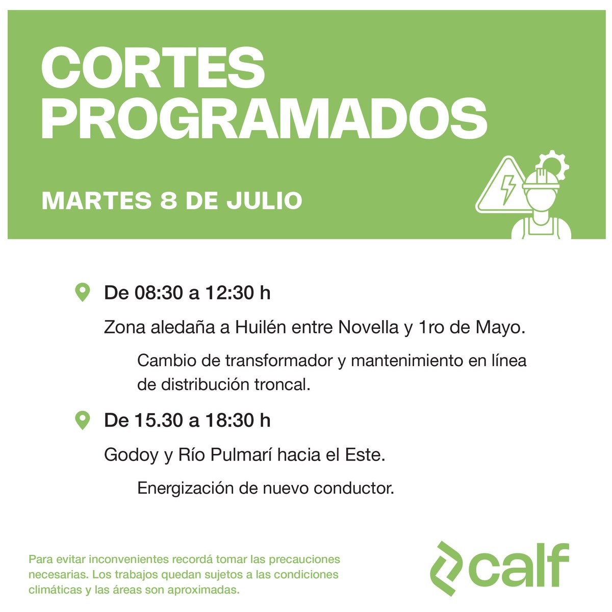 Calf informa los cortes programados para este martes 8 de julio.
#Calf #Neuquen