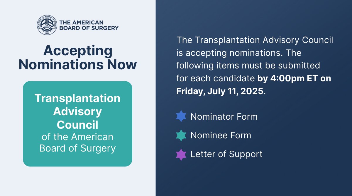 REMINDER! The #TACABS is seeking nominees to serve a six-year term. 

Members will focus on the TAC’s current initiatives, participate in the review/development of ABS exams, and administer the #GSCE.

Nominate yourself or a colleague by Friday, Jul. 11: ow.ly/wPI150WkJ7X