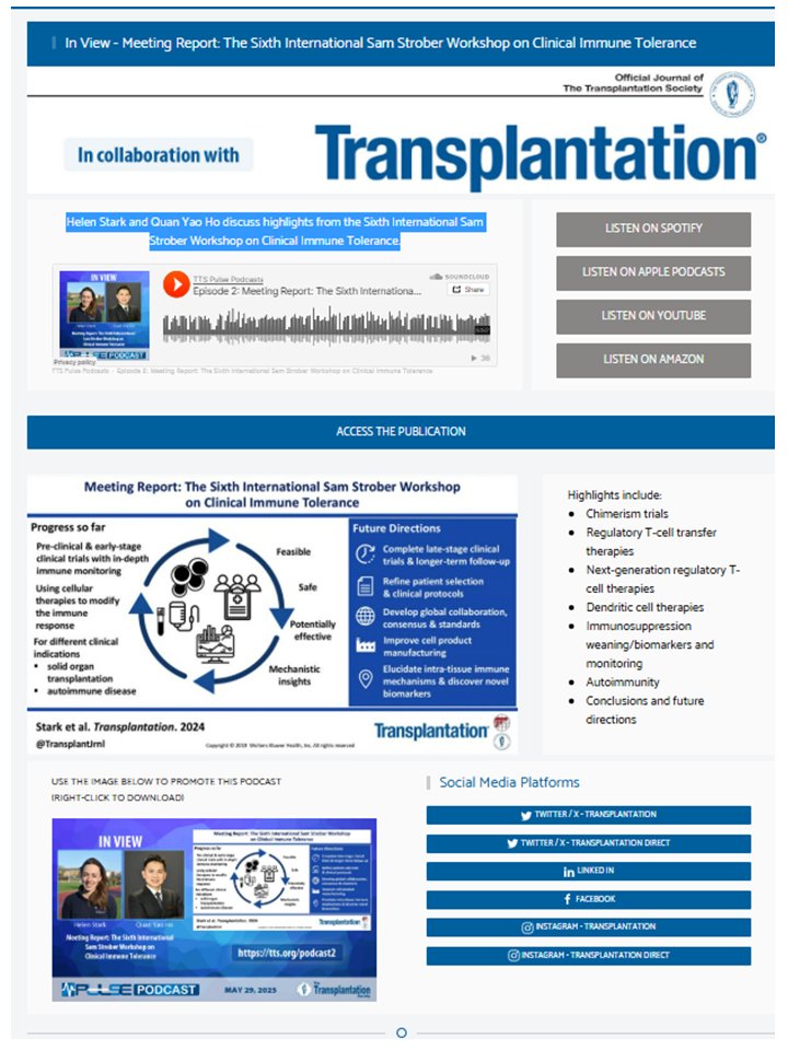 Helen Stark &amp; Quan Yao Ho dive into key takeaways from the 6th International Sam Strober Workshop on Clinical Immune Tolerance. Don’t miss the latest in groundbreaking tolerance research!
🔗 tts.org/podcast2 #Immunology #TXPforAll #Transplantation <a href="/ttsorg/">TTS</a> <a href="/TransplantJrnl/">Transplantation</a>