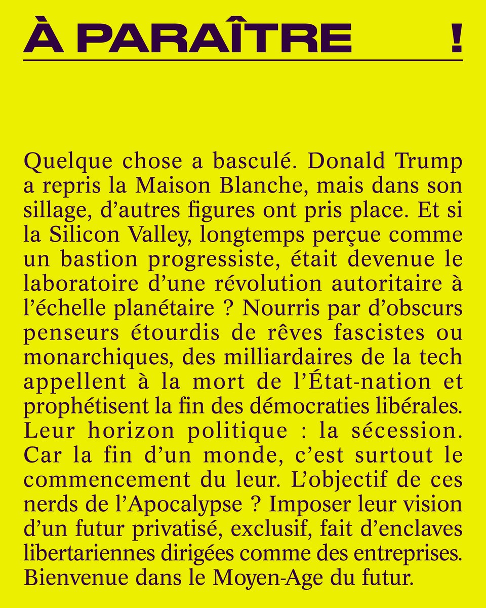 EDivergences's tweet image. 🥁 🐸 Troisième livre de la rentrée à paraître le 19 septembre : « Apocalypse nerds • Comment les technofascistes ont pris le pouvoir » de Nastasia Hadjadji et Olivier Tesquet aux éditions divergences ! 

🔗 editionsdivergences.com/livre/apocalyp…