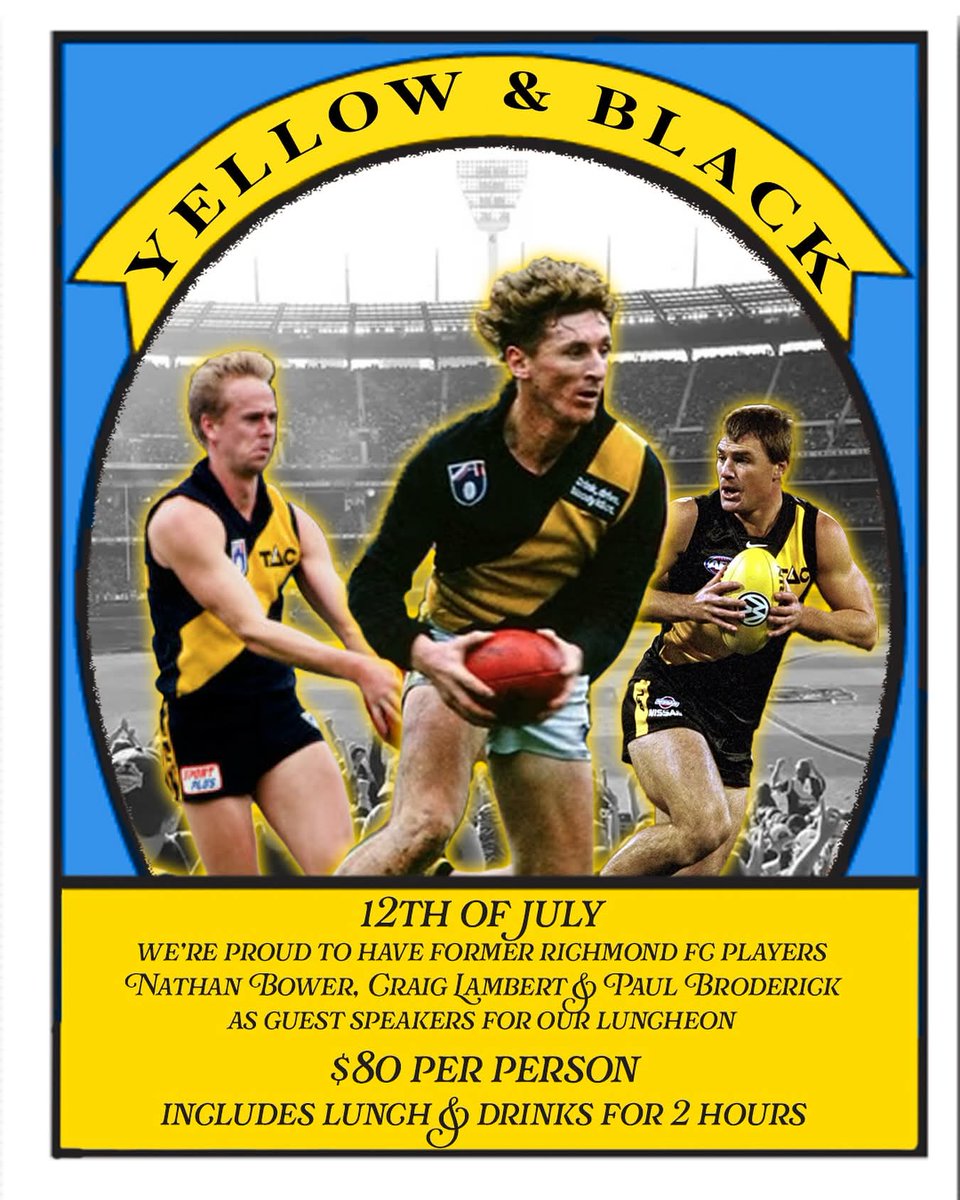 Saturday, we are proud to have former <a href="/Richmond_FC/">Richmond FC 🐯</a> players Nathan Bower, Craig Lambert &amp; Paul Broderick as guest speakers at our luncheon
PS they’re also fathers of our current players, Tom Bower, Bailey &amp; Bodey Lambert &amp; Harry Broderick 
Sms Tracey 0438001577 to book