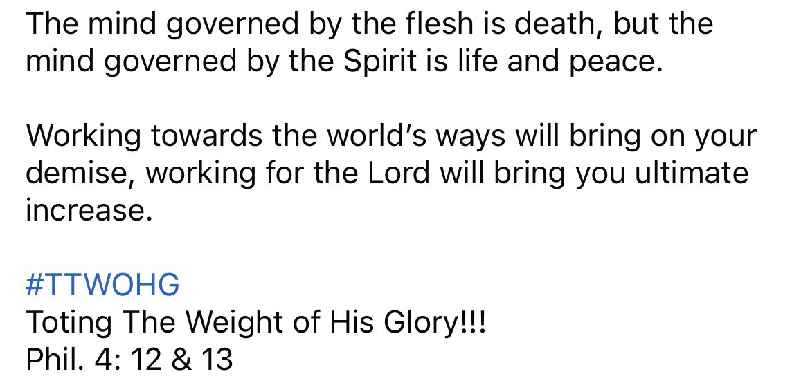 Romans 8:6

“The mind governed by the flesh is death, but the mind governed by the Spirit is life and peace.”