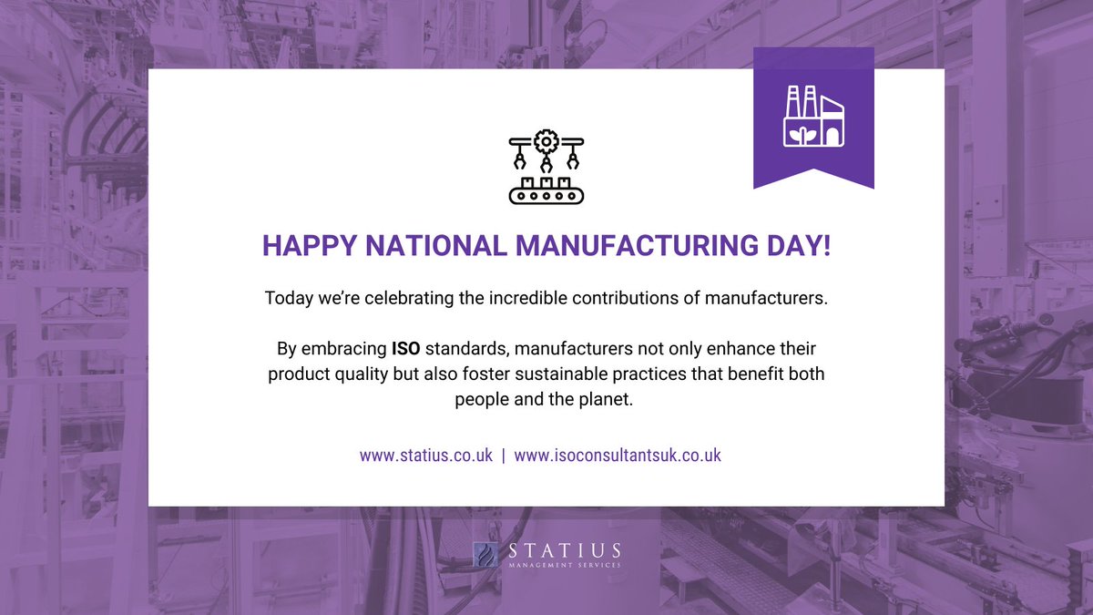 ThisIsStatius's tweet image. Today is National Manufacturing Day, celebrating manufacturers everywhere. 🏭 By embracing ISO standards, manufacturers enhance their product quality and foster sustainable practices.
Learn more about ISO in manufacturing: statius.co.uk/sectors/manufa…
#NationalManufacturingDay #ISO