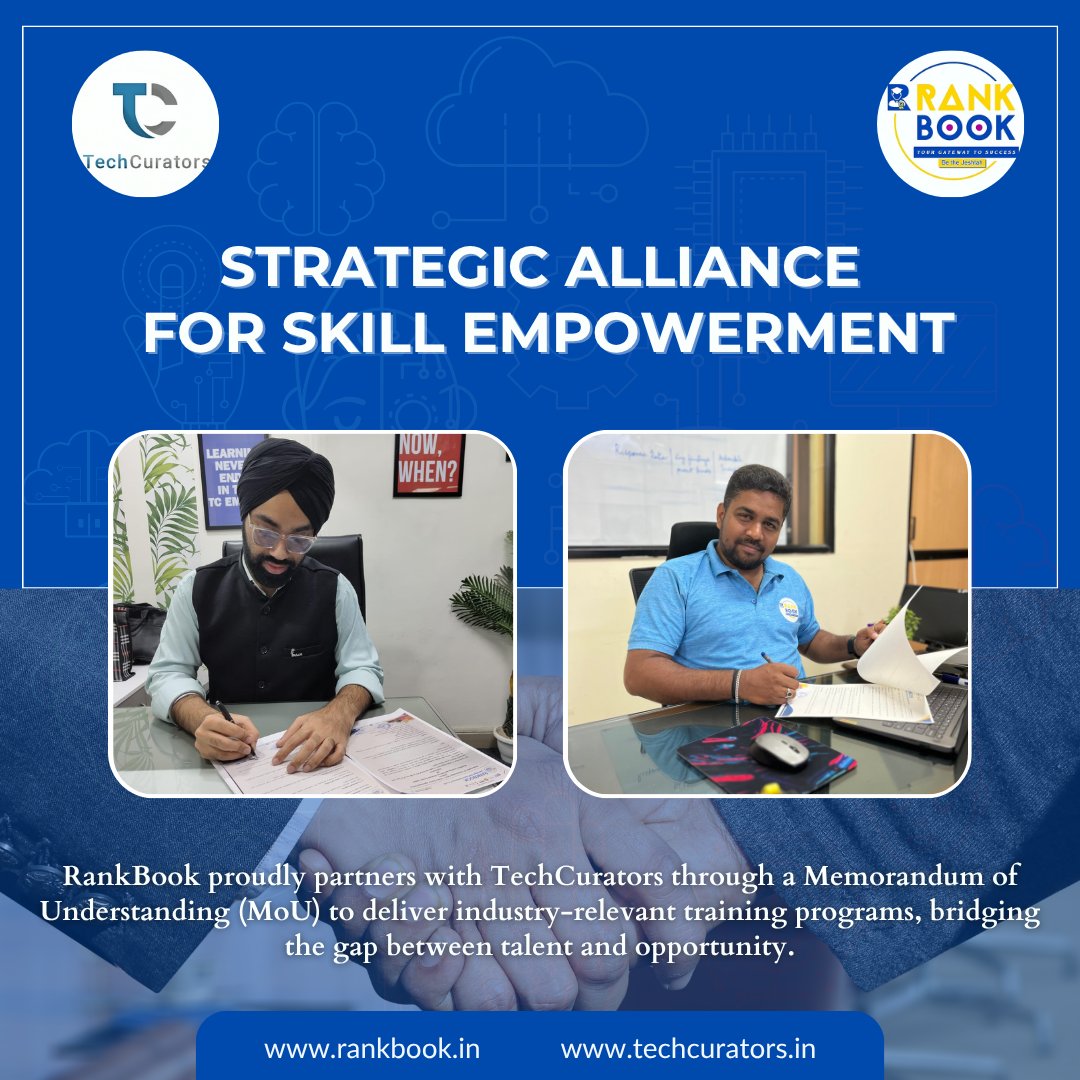 RankBook1's tweet photo. We’re excited to announce our partnership with TechCurators through a newly signed MoU!

This collaboration marks a new chapter in delivering cutting-edge, industry-aligned training to students across domains.

Together, we’re committed to building a future-ready workforce. https://t.co/jUDDlet5pM