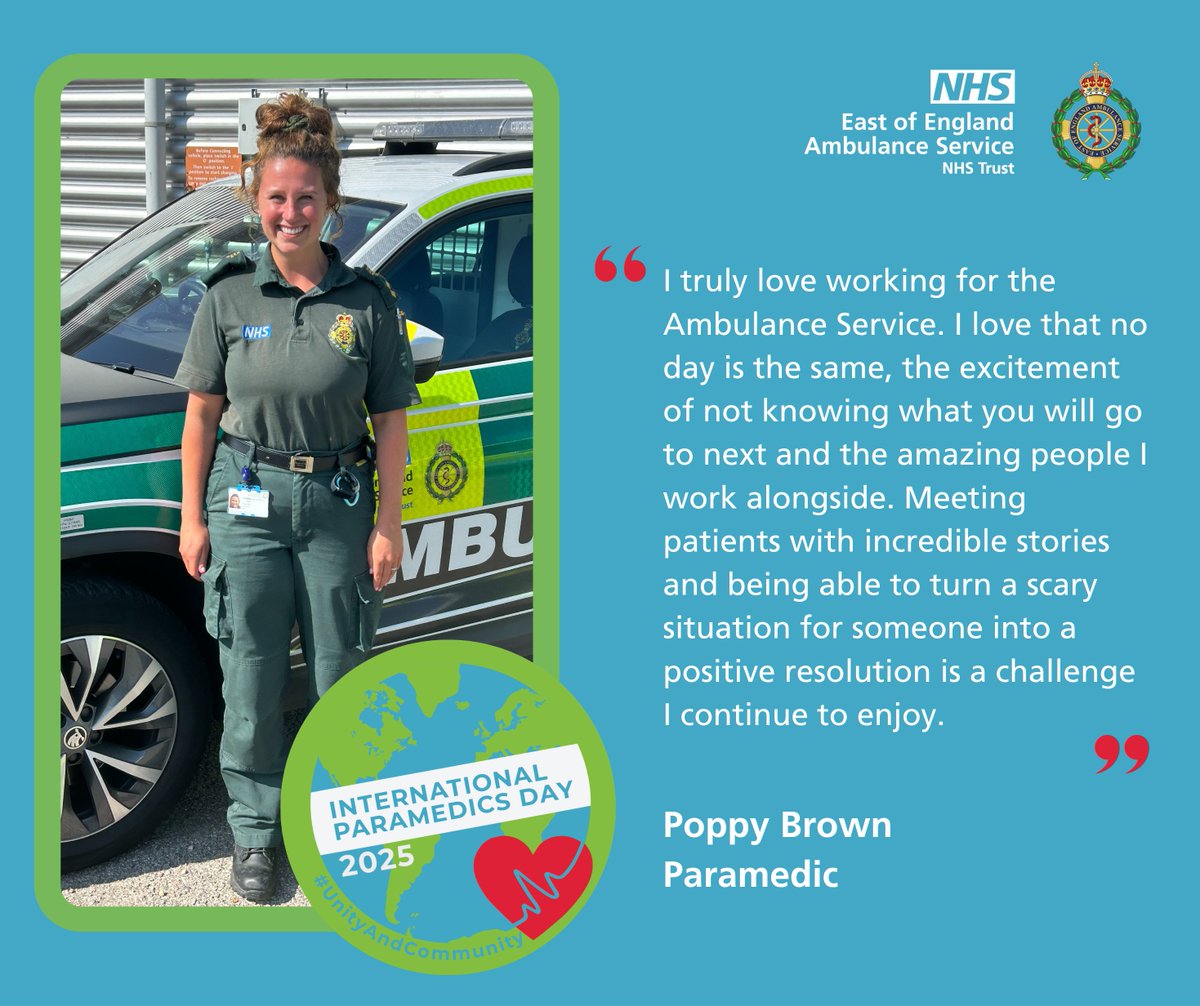 ⭐Say hello to Poppy Brown, one of our amazing paramedics working out of Waveney👋

Poppy says she “truly loves it”, from the people she works with, to the unknown of what’s coming next.

Thank you Poppy for everything you do💚
#InternationalParamedicsDay #IPD25