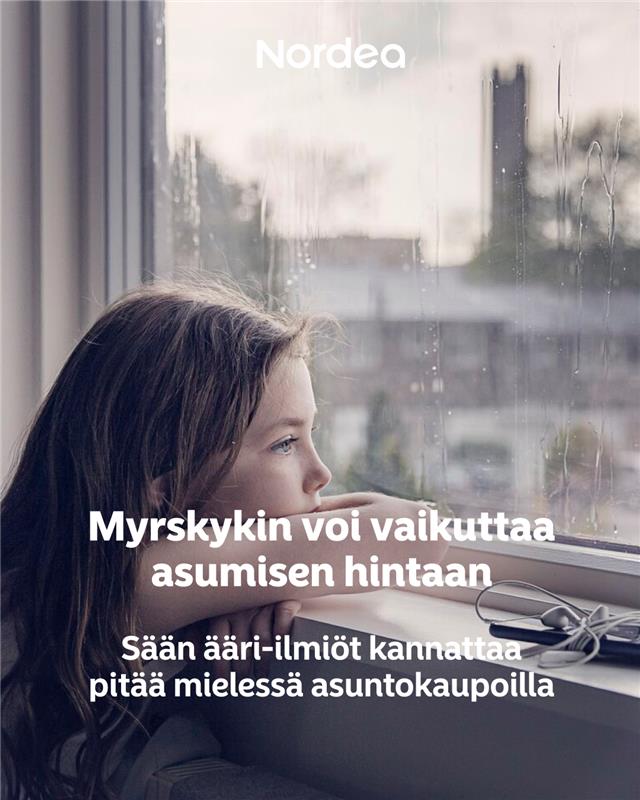 Sään ääri-ilmiöt, kuten myrskyt ja tulvat, on tärkeää pitää mielessä asuntokaupoilla, koska ne vaikuttavat suoraan asumisen kustannuksiin.

Nordean keväällä tekemän kyselytutkimuksen mukaan 38 % on ottanut sään ääri-ilmiöt huomioon omassa asumisessaan. 

Lue koko tiedote: ⤵️
