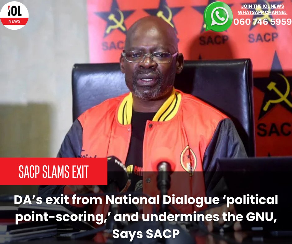 IOL's tweet photo. The DA’s withdrawal from the National Dialogue is more than a protest—it’s a political tactic.
According to the SACP, it’s part of a broader strategy to weaponise governance and score points within the GNU.
#DAExit #NationalDialogue #GNU #SACP #PoliticalPointScoring #CoalitionCrisis #SApolitics #UnityAtRisk
Read on https://t.co/3WvvCkzTDR