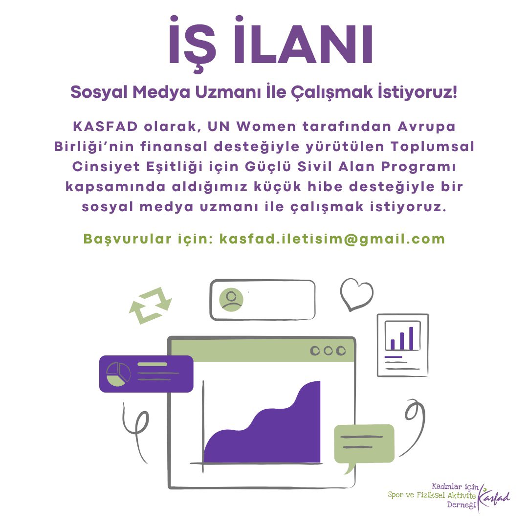 🎯 İŞ İLANI

KASFAD olarak, UN Women tarafından Avrupa Birliği’nin finansal desteğiyle yürütülen Toplumsal Cinsiyet Eşitliği için Güçlü Sivil Alan Programı kapsamında aldığımız küçük hibe desteğiyle bir sosyal medya uzmanı ile çalışmak istiyoruz.