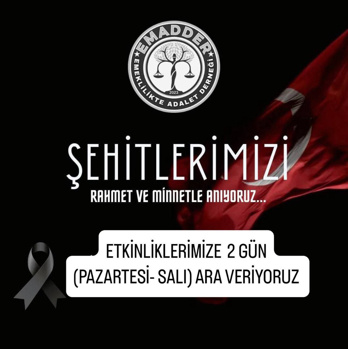 🇹🇷 Milletimizin Başı Sağ Olsun
Yüreğimizi dağlayan şehit haberleri ne yazık ki ülkemizin dört bir yanına ateş düşürmüştür. Bu acı hepimizin, bu kayıplar milletimizin kaybıdır.
 
Emeklilikte adalet mücadelesi veren bizler; milletimizin birliği, vatanımızın bütünlüğü söz konusu
