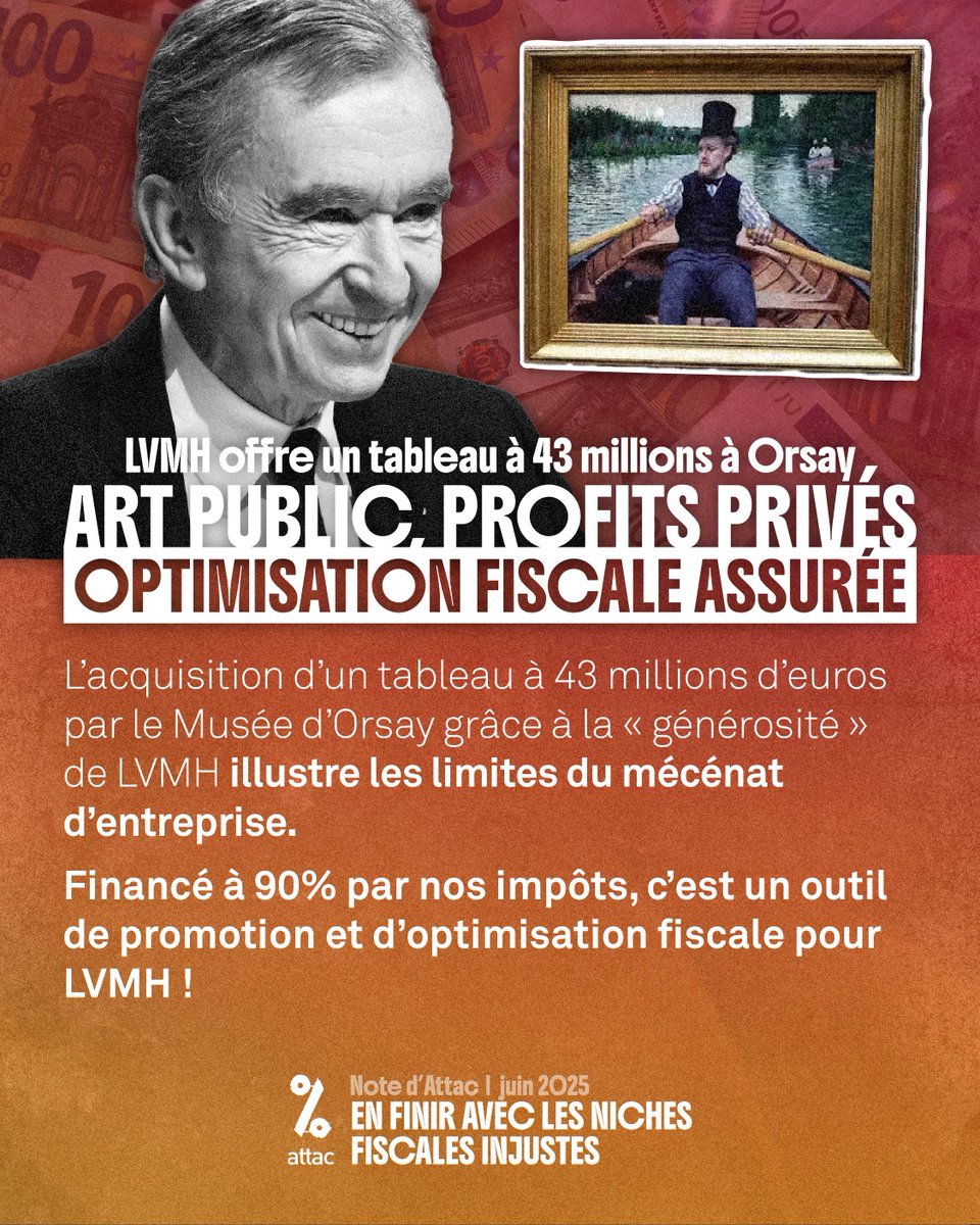 L’acquisition d’un tableau à 43 millions d’€ par le Musée d’Orsay grâce à  la "générosité" de LVMH illustre les limites du mécénat d’entreprise.

Financé à 90% par nos impôts, c’est un outil de promotion et  d’optimisation fiscale pour LVMH !