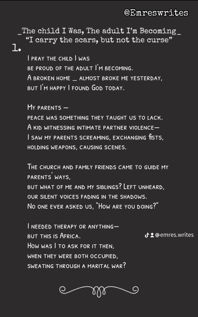 iAmEmres's tweet photo. Emreswrites 
A six years old kid who witnessed intimate partner violence (IPV). 

Short prose 📖 scene in image ⬇️
#WritersOfX, #NaijaWriters, #Microfiction #Fiction #WritersOfX #NaijaWriters https://t.co/sGtvXABfWF