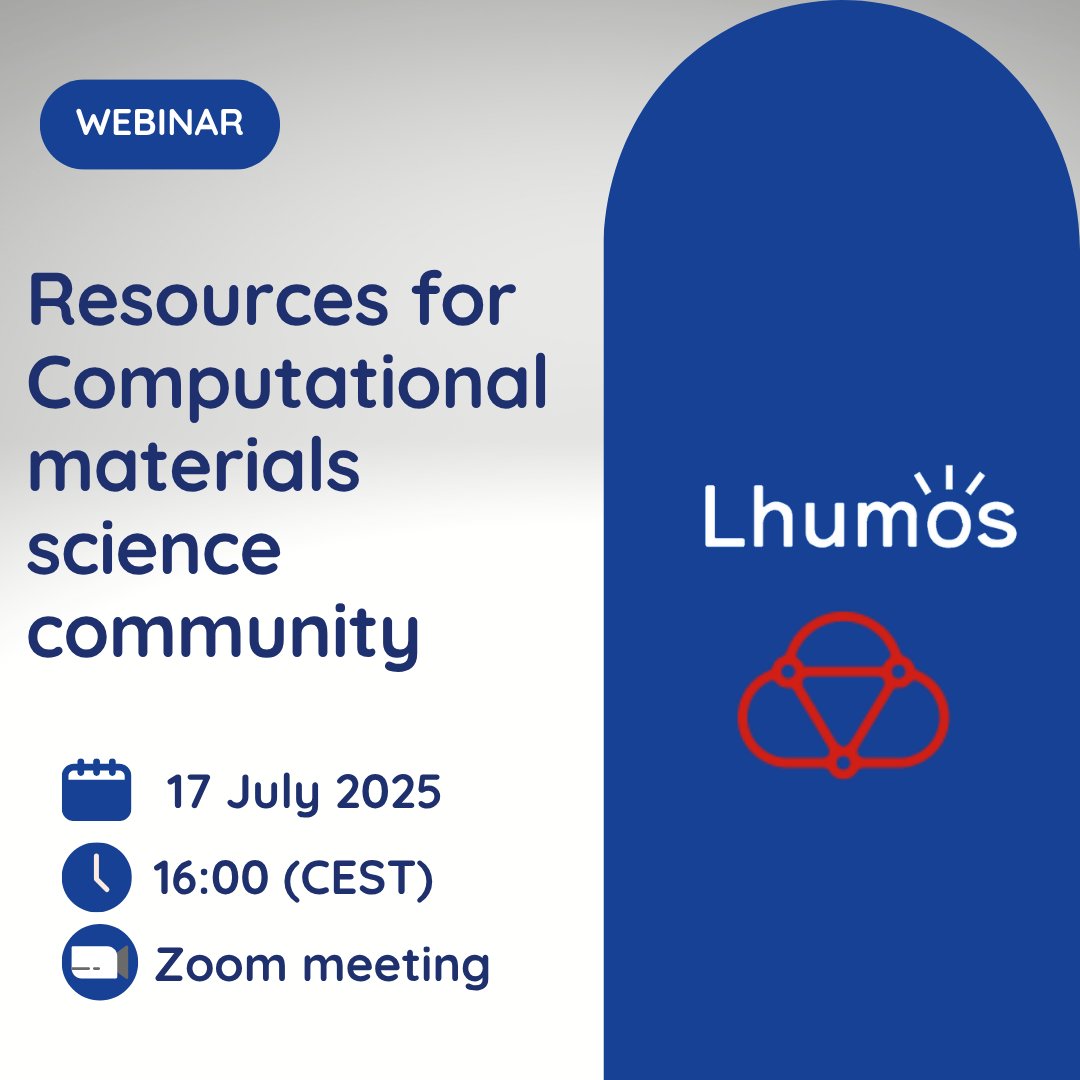 Webinar on 🗓️ July 17, 2025 at 🕖16:00 CEST
Discover:
🔹 Lhumos – a new e-learning hub for HPC &amp; materials science
🔹 Materials Cloud Archive – now upgraded for FAIR data sharing Live demo + Q&amp;A
🔗 Join via zoom 👉tinyurl.com/468krz6p 
#HPC #MaterialsScience #OpenScience